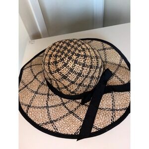 Magid Sun Hat Paper Straw Wide Brim Diamond Pattern Bow Beach Vacation
